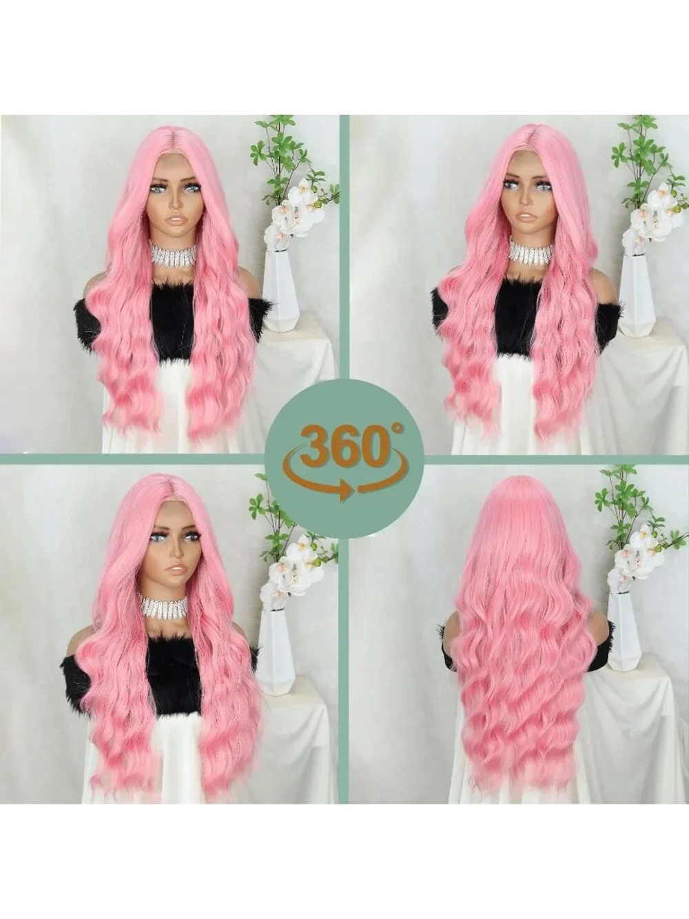 Women's Pink 26 Inch Natural Synthetic Modern Long Curly Wavy Fiber Wigs